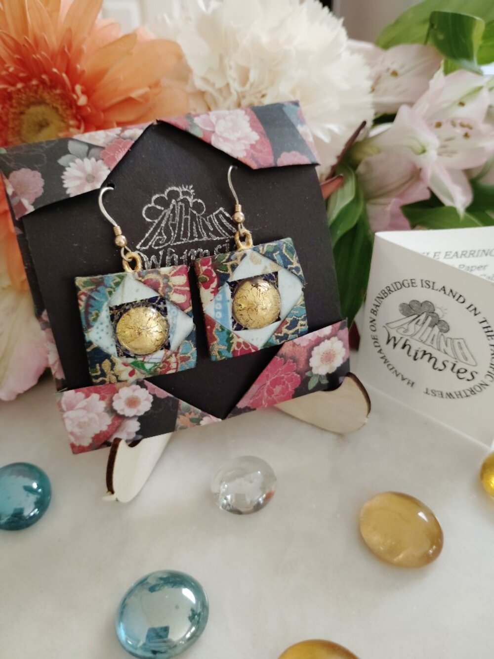 Blue Origami Paper Earrings with Gold Murano Glass Cab, Handmade OAK
